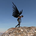 Illustration of a black winged female being wearing a headdress slouched over in dejection atop a large boulder on an alien world Royalty Free Stock Photo
