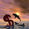 3D illustration bloody dollar symbol or sign sinking in water or sea, with black sharks eating , metaphor or concept Royalty Free Stock Photo