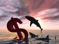 3D illustration bloody dollar symbol or sign sinking in water or sea, with black sharks eating , metaphor or concept Royalty Free Stock Photo