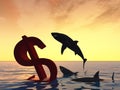 3D illustration bloody dollar symbol or sign sinking in water or sea, with black sharks eating , metaphor or concept