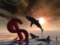 3D illustration bloody dollar symbol or sign sinking in water or sea, with black sharks eating, metaphor or concept Royalty Free Stock Photo