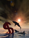 3D illustration bloody dollar symbol or sign sinking in water or sea, with black sharks eating, metaphor or concept