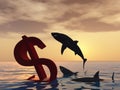 3D illustration bloody dollar symbol or sign sinking in water or sea, with black sharks eating , metaphor or concept Royalty Free Stock Photo