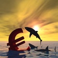 D illustration bloody euro symbol or sign sinking in water or sea, with black sharks eating