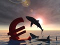 3D illustration bloody euro symbol or sign sinking in water or sea, with black sharks eating, metaphor