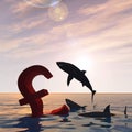 3D illustration bloody pound symbol or sign sinking in water or sea, black sharks eating