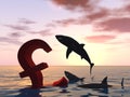 3D illustration bloody pound symbol or sign sinking in water or sea, black sharks eating, metaphor or concept