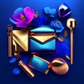 3d illustration of blue background with gold jewelry, perfume bottle, flowers and envelope generative AI Royalty Free Stock Photo