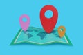 3D illustration blue background,red,pink and orange location symbol pin icon on map,navigation sign isoladed on background Royalty Free Stock Photo