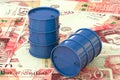 3d illustration: Blue barrels of oil lie on the background of banknote of British pound sterling. Money. Petroleum business