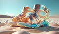 3d illustration of blue and gold sandals on the beach. Royalty Free Stock Photo