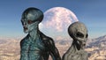 Illustration of a blue and grey alien turned away from each other looking into the distance on a barren planet with a moon rising Royalty Free Stock Photo