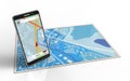 3d illustration of blue map with mobile phone navigation