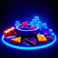 3d illustration of a blue neon sign in the form of cubes and pieces of cheese AI Generated