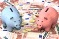 3d illustration: blue and pink piggy bank with copper coins cents lie on the background of banknote ten Euro. Banking business