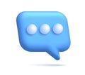 3d illustration of blue realistic speech bubble icon with three dots. Mesh vector talking cloud. Glossy chat high