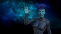 Illustration of a blue skin alien with facial carving wearing a tight fitting suit waving with a gaseous nebula in the background Royalty Free Stock Photo