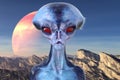 Illustration of a blue skin alien with a large cranium in the foreground with a gaseous planet and ragged mountains in the