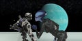 Illustration of a blue skin alien talking to a robot