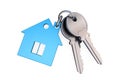 3D illustration: Blue transparent glass keychain in the form of a house with a pipe and a window connected by a ring with two meta Royalty Free Stock Photo