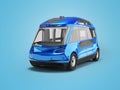 3D illustration of blue unmanned electric bus for the city on blue background with shadow