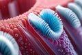 3D illustration of blue and white toothbrush bristles isolated on pink background