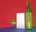 3D rendering bottle, blank paper and glass, red environment for background and mock up object