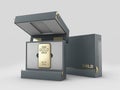 3d Illustration of box with gold bar, gold in the cardboard box. Clipping path included Royalty Free Stock Photo