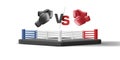 3d illustration of boxing ring with red gloves vs black