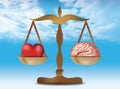 3d illustration with brain heart on balance. Sky whit nubes background