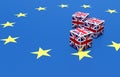 3D ILLUSTRATION of brexit concept of instability and gambling, made by dices of UK flag upon Europe flag