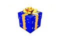 3d illustration: Bright dark blue gift box with star, golden metal ribbon / bow and tag on a white background isolated.