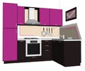 3D illustration of bright lilac and brown corner kitchen with built in fridge isolated