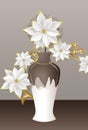 3d illustration brown and white vase with golden white flowers in dark background . suitable for wall frame art decor