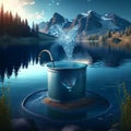 3d illustration of a bucket of water and mountains in the background generative AI