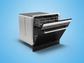 3D illustration of built in electric dishwasher with programs for washing dishes on blue background with shadow