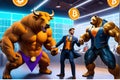 3d illustration of Bull and bear indicating market divergence in crypto , bitcoin Royalty Free Stock Photo