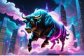 3D illustration of a Bull running in market Surrounded by neon smoke, representing crypto divergence