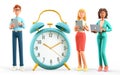 3D illustration of business people team standing nearby a huge vintage alarm clock. Happy multicultural human characters