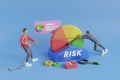 3d illustration of Business risk concept. businessman turning risk meter arrow back with rope.