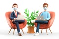 3D illustration of business teamwork. Two men with medical masks using laptops.