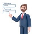 3D illustration of businessman admin network engineer pushing username and password fields login box. Royalty Free Stock Photo