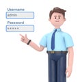3D illustration of businessman admin network engineer pushing username and password fields login box. Royalty Free Stock Photo