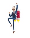 3d illustration. Businessman Billy flying on a rocket Jetpack up. Concept of business startup, launching of a new company.