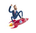 3d illustration. Businessman Billy flying on a rocket up. Concept of business startup, launching of a new company.