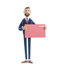 3d illustration. Businessman Billy with pink credit card.