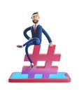 3d illustration. Businessman Billy sitting on a hashtag icon. The concept of social media. Royalty Free Stock Photo