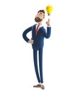 3d illustration. Businessman Billy with yellow bulb. Innovation and inspiration concept.