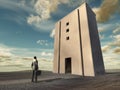 Businessman in front of a large building in a wasteland