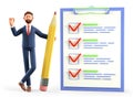 3D illustration of businessman with ok gesture holding a huge pencil, standing nearby a marked checklist on a clipboard paper Royalty Free Stock Photo